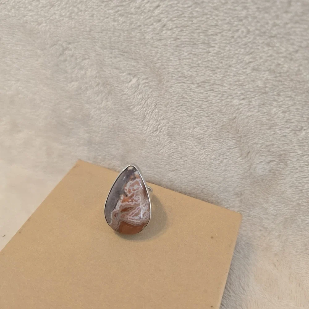 Sterling Silver Ring Tear-drop Shaped Crazy Lace Agate Stone Earthy Boho-chic